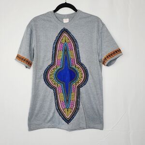 Hoykawim Graphic Cotton Tee Size XL Gray Short Sleeve African Print Shirt